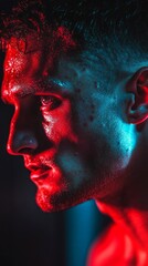 Sticker - Close-up portrait of a young man with a determined expression, illuminated with red and blue light.