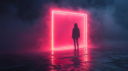 Poster - Woman Silhouette Facing Neon Portal