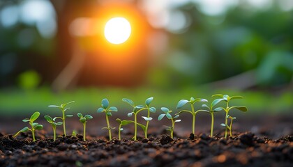 Serene sunset casting a warm glow over a row of young green plants sprouting in the dirt