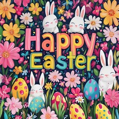 Canvas Print - Colorful Easter greeting with bunnies, eggs, and flowers.