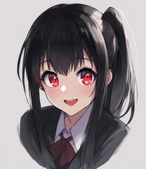 Canvas Print - A young girl with black hair and bangs, red eyes, and a cute expression, wearing a school uniform, smiling at the camera