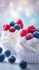 Two delicate meringue desserts topped with fresh raspberries and blueberries, with a few berries scattered around, against a softly blurred background of blue and white bokeh.