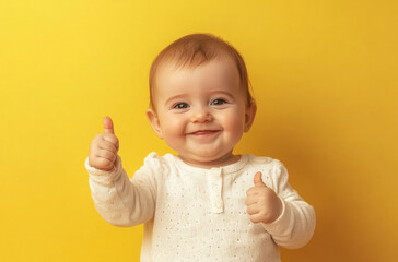 Wall Mural - Portrait of a cute, smiling baby in a yellow t-shirt, showing a thumbs-up gesture against a colorful background