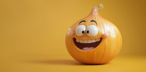 A cartoon onion character beams with a wide smile and large, expressive eyes, creating a playful atmosphere against a vibrant yellow backdrop.