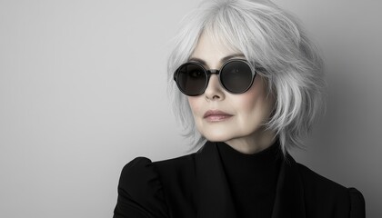 portrait of elegant beautiful caucasian adult woman in sunglasses wearing in black on grey background