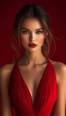 Wall Mural - beautiful caucasian brunette woman in red dress with bright makeup on red background