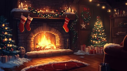 Canvas Print - Cozy Christmas fireplace with decorated Christmas tree, gifts, and stockings.