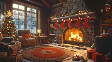 Wall Mural - Cozy Christmas living room with fireplace, decorated tree, and presents.