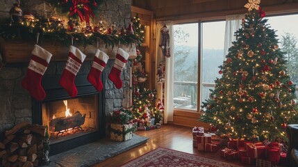 Wall Mural - Cozy living room decorated for Christmas with a fireplace, Christmas tree, stockings, and gifts.