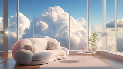 Wall Mural - interior apartment in the clouds, light colors, large windows, panoramic view of the sky , heaven real estate