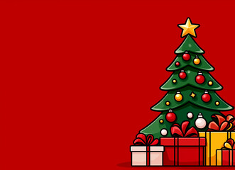 Wall Mural - a christmas tree with many ornaments is on a red background. the tree is surrounded by presents and 