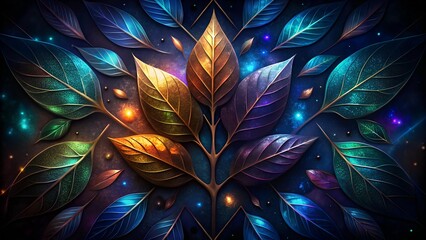 Vibrant leaves illustration with cosmic background in blue and orange tones