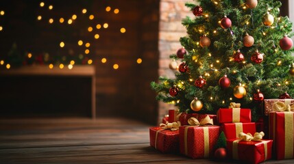 Canvas Print - Decorated Christmas tree with presents under it.