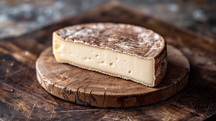 The illustration shows a wedge of cheese with a dark rind placed on a wooden cutting board