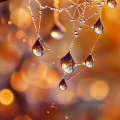 Canvas Print - Dew drops hanging on a spider web with a blurred background.