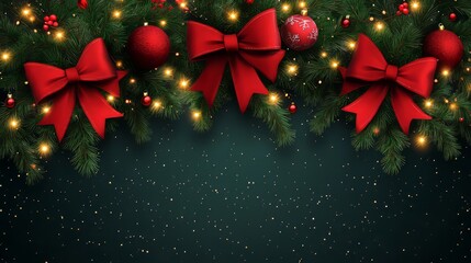 Poster - Festive Christmas garland with red bows, ornaments, and lights against a dark green background.