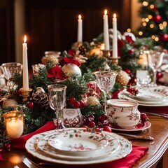 Festive Christmas table setting with candles, greenery, and ornaments.