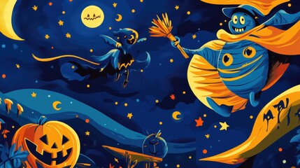 A whimsical Halloween vector set showcases a ghost and witch flying joyfully through a starry night with pumpkins and a crescent moon