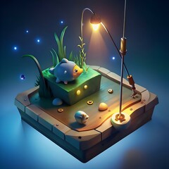 Sticker - A whimsical 3D illustration of a cute cartoon fish on a small island with a lamppost.