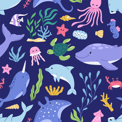 Poster - Seamless sea marine pattern, cute underwater animals, fishes and plants. Ocean, endless undersea texture design. Repeating print for fabric, wallpaper and wrapping. Colored flat vector illustration