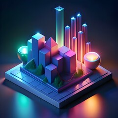 Poster - Neon lit. 3D geometric shapes form a vibrant cityscape symbolizing growth. data. and success.