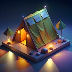 Sticker - A charming 3D illustration of a cozy camping tent. illuminated by warm lights. perfect for adding a touch of adventure to your designs.