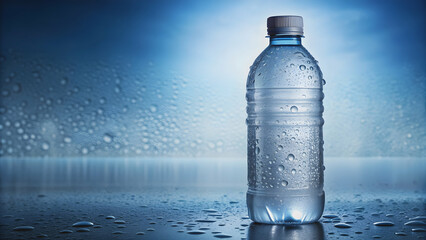 Clear plastic bottle of refreshing bottled water with condensation droplets on the surface, hydration, drink, liquid, pure