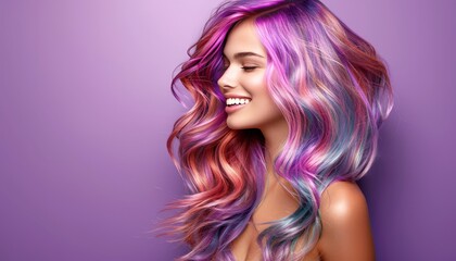 Vibrant rainbow hair  a happy young woman smiling against a purple background with copy space