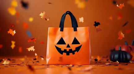 shopping bag pumpkin gift box confetti orange background creative halloween celebration concept