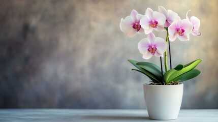 Poster - Elegant pink orchids in a minimalist white pot displayed against a soft, blurred background for a serene indoor atmosphere