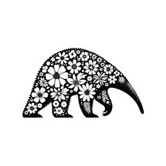 Anteater made by simple flower drawing, black and white animal illustration