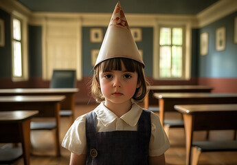 a young child wearing a dunce cap in a vintage classroom