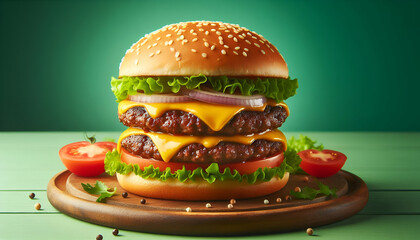 Wall Mural - Double patty burger with green background- ai generated