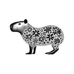 Wall Mural - Capybara made by simple flower drawing, black and white animal illustration