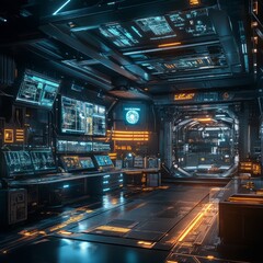 Canvas Print - Futuristic spaceship interior with glowing blue and orange lights, control panels, and a doorway.