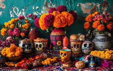 Day of the Dead offerings from central Mexico with papel picado, veladoras, photography, flowers, and bread of the dead