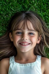 Wall Mural - A young girl is laying on the grass with her hair in a ponytail. She is smiling and looking at the camera