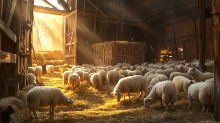 Wall Mural - A peaceful scene in a rustic barn filled with grazing sheep bathed in warm sunlight. 