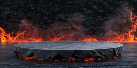 Wall Mural - A black stone slab with a hole in the middle and a fire in the background. The fire is orange and yellow, and it's surrounded by smoke. The stone slab is placed on a wooden surface