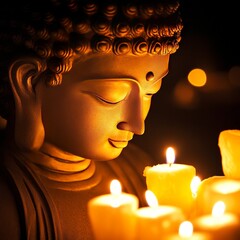 Sticker - Golden Buddha statue illuminated by candlelight in a dark setting.