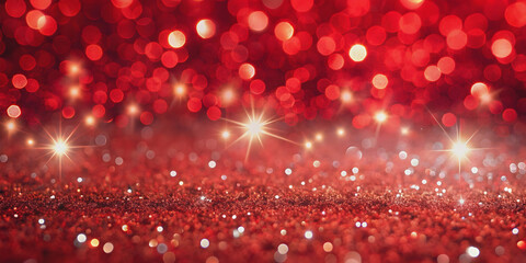 Red glittery Christmas background with blurred lights, glitter, red, abstract, bokeh, holiday, festive, shiny, sparkly