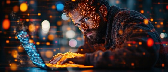Man Working on a Laptop with Digital Overlays
