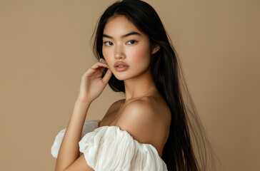 Sticker - A beautiful woman with long, straight hair wearing a white sleeveless top poses for a skin care brand