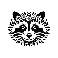 Wall Mural - Raccoon made by simple flower drawing, black and white animal illustration