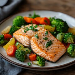 Wall Mural - Grilled salmon with sauteed vegetables, served on a white plate, on a wooden table.