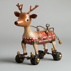 Poster - Handcrafted wooden reindeer toy with wheels and festive decorations.