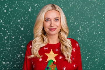 Sticker - Portrait of young beautiful good looking peaceful woman wear ugly red sweater isolated on green color background