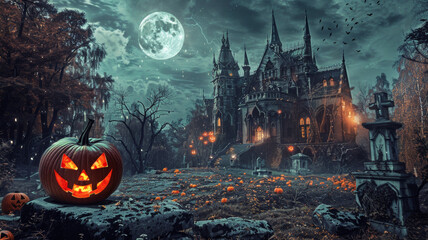 Wall Mural - Halloween_celebration_pumpkin_and_dark_castle