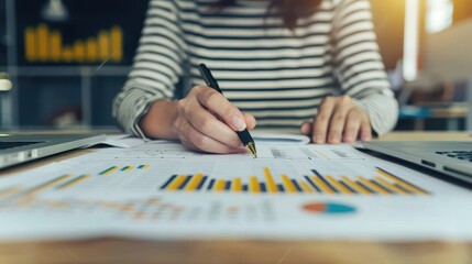 A businesswoman working at a desk, analyzing financial charts and graphs with a pen in hand in a modern office setting.