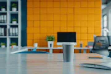 A disposable coffee cup sits on a desk in a modern office with an orange wall and minimalist decor, creating a vibrant and creative workspace.